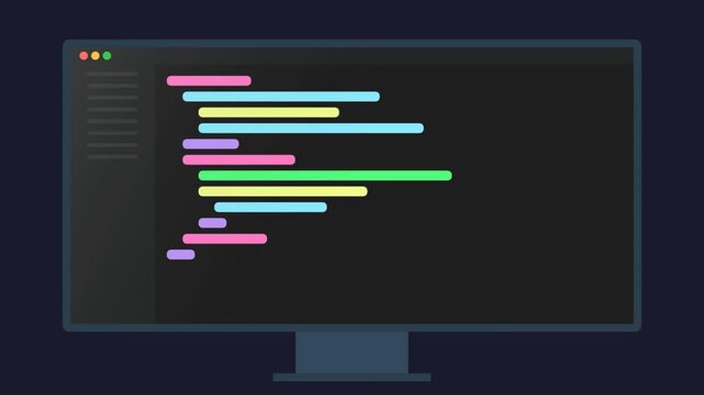 Multiple computer monitors displaying colorful programming code script