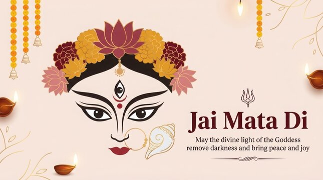 Goddess durga ma face illustration with lotus and marigold flowers, diwali lamps, and jai mata di greeting.