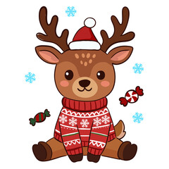 Cute Christmas reindeer wearing red winter sweater and santa hat illustration © Creative