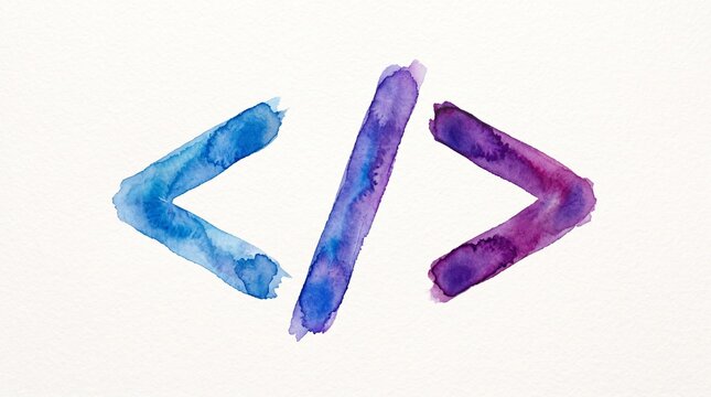 Watercolor painting of a large code symbol made of angle brackets and a slash, blue and purple gradient washes, loose brush strokes, simple minimalist design, isolated on white background, no text