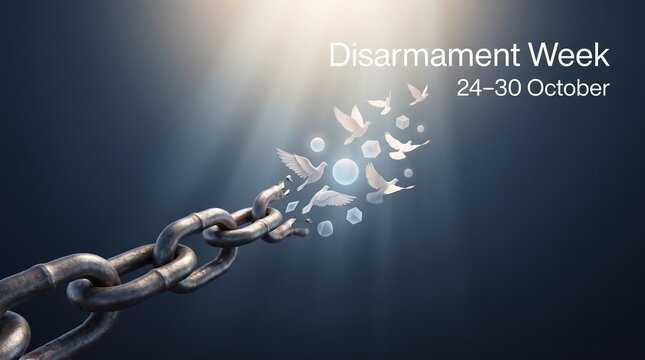 Broken heavy metal chain with flying birds for disarmament week concept