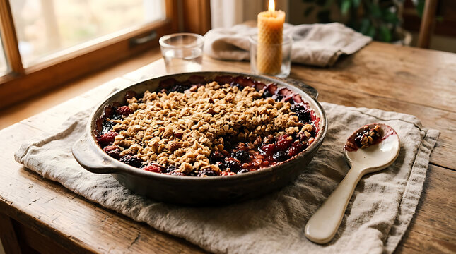 Rustic berry crumble in a ceramic baking dish on a wooden table with