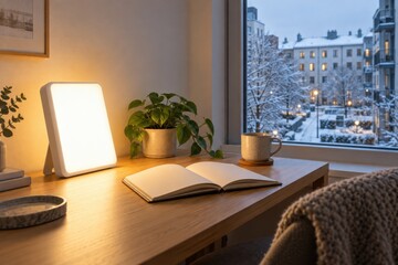 Fototapeta premium Winter light therapy routine in a realistic empty setting for healthcare, wellness, patient support and public health campaigns