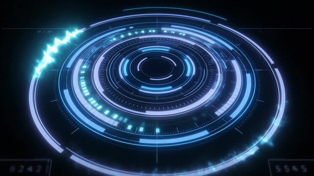 HUD, Technology loading interface spinning rapidly on dark screen, glowing blue digital circles rotating with futuristic data graphics while process continues forward smoothly in cyberspace.