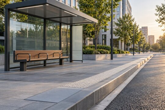 Accessible bus stop in a realistic empty setting for accessibility, inclusive design, healthcare and community support campaigns