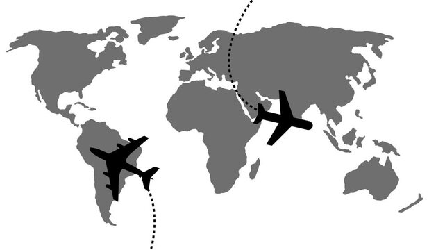 Stylized flat world map with two airplanes and dotted flight paths simple travel/transport concept animation