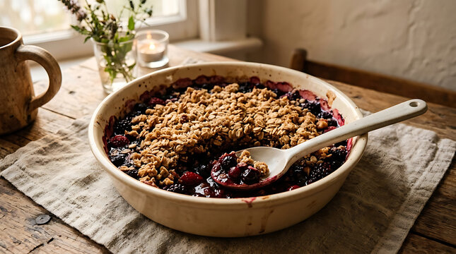 Rustic berry crumble in a ceramic baking dish with a serving spoon on