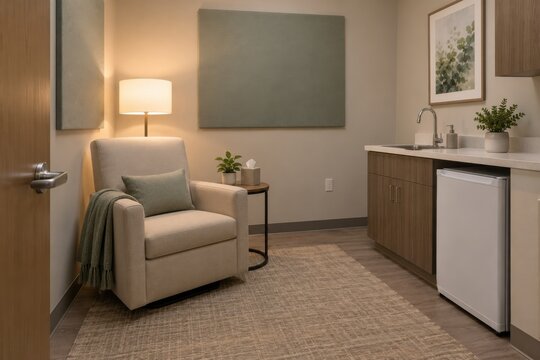 Workplace lactation room in a realistic empty setting for healthcare, wellness, patient support and public health campaigns