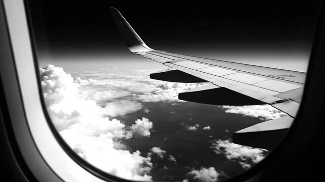 Black and white view from airplane window showing wing and fluffy clouds in the sky above