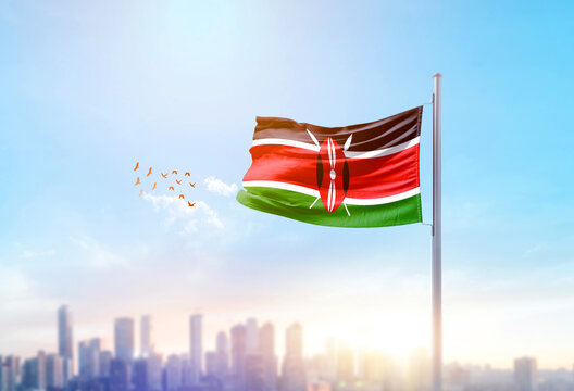 Kenya national flag waving with skyline and buildings. Kenya national flag for independence day.