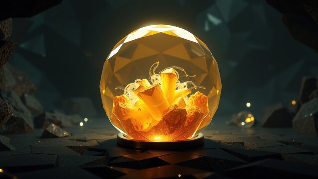 Glowing orb contains fiery crystal formation. Dark background suggests cavernous setting. Dramatic lighting emphasizes objects brilliance.
