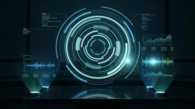 HUD, Technology interface glowing with circular data elements loading digital graphics while abstract futuristic animations project cyber security intelligence systems onto screen.