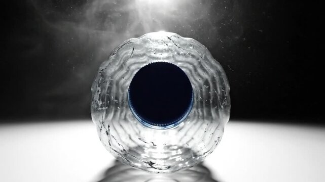 Creative macro shot of a unique, textured water bottle with a dark blue cap and steam in the background