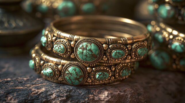Intricate gold bangles with turquoise stones rest on a rough textured surface during soft studio lighting