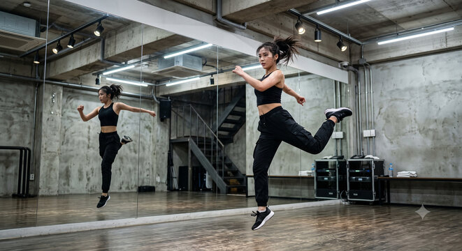 An entertainment Idol trainee dancing K-pop moves in front of a mirror in a dance studio.