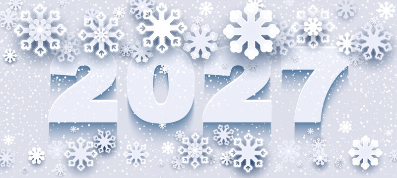 New Year's banner and 2027 poster design. A "Happy New Year 2027" theme featuring a gray background with gray numerals covered by falling snowflakes. Visual art style, layered paper-cut effect. Vector