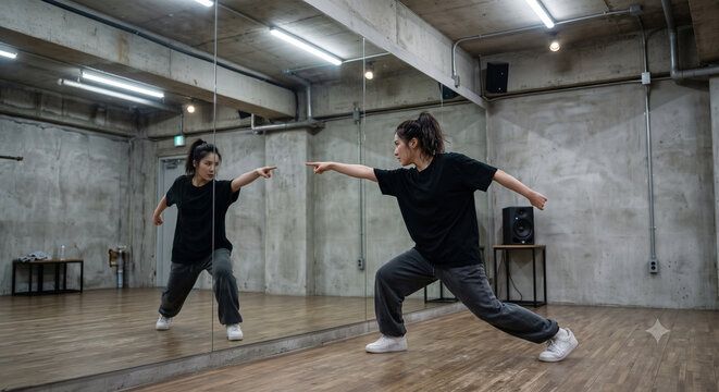 An entertainment Idol trainee dancing K-pop moves in front of a mirror in a dance studio.