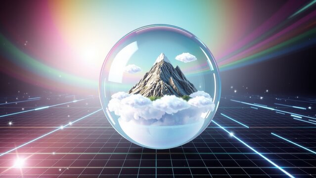 Mountain inside sphere, clouds surround peak. Bright lights radiate from dark background. Futuristic grid extends into distance.