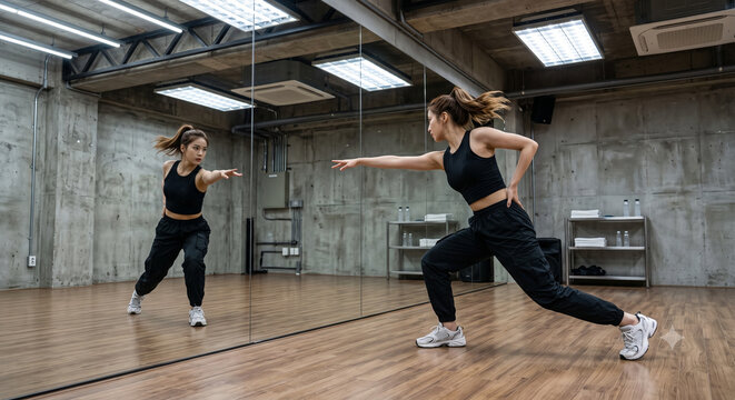 An entertainment Idol trainee dancing K-pop moves in front of a mirror in a dance studio.