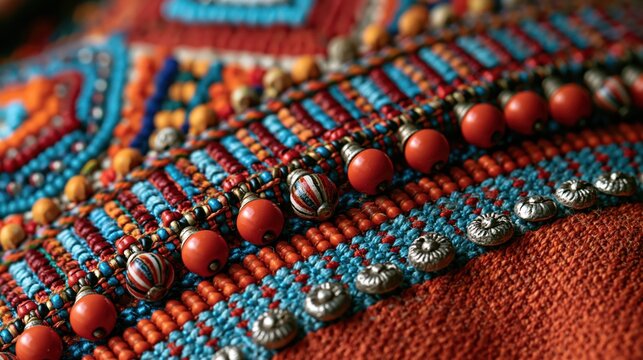 Intricate tribal textile detail with vibrant beadwork and selective focus during daylight