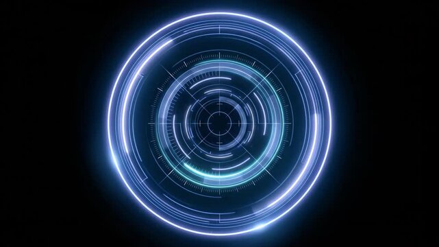HUD, Technology graphic showing futuristic interface loading circular data while glowing blue circles rotate against dark digital background with sci-fi display elements for tech project.
