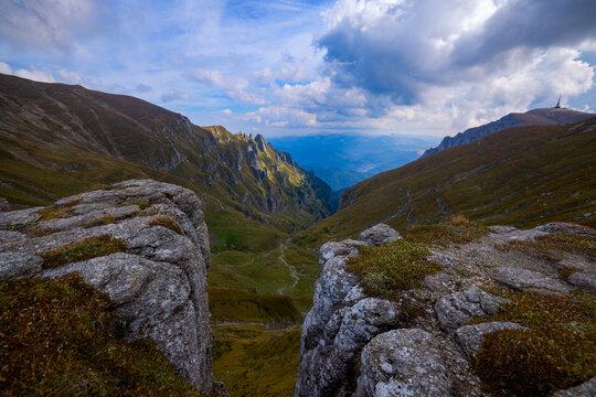 Landscape featuring a mountain ridge in the Bucegi Mountains, part of the Carpathian Mountains in Romania.
