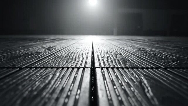 Low angle view of dark wooden planks leading towards a bright, distant light creating a moody atmosphere