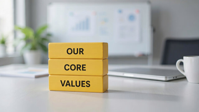 Three yellow wooden blocks stacked on a desk spelling out the phrase our core values with blurred whiteboard background stacked vertically bright communication