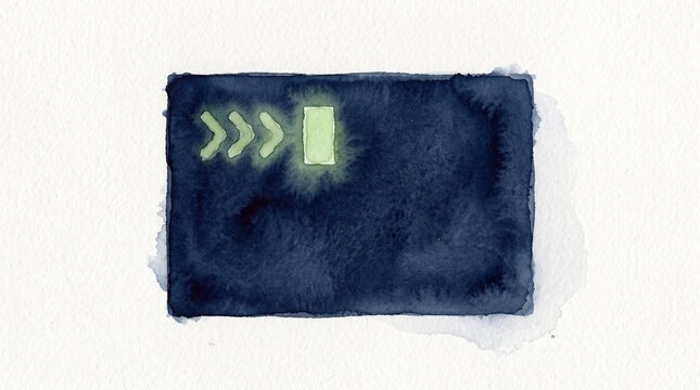 Watercolor illustration of a simple terminal window with a blinking cursor and prompt symbol, dark navy wash with soft green accents, minimalist, white background, no readable text