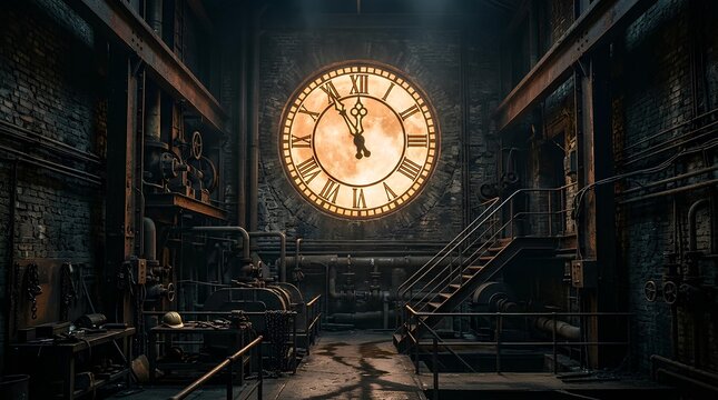 Large glowing clock in a dark industrial steampunk room.
