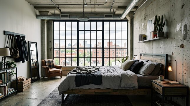 Industrial style loft bedroom with brick walls and large windows.