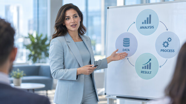 Autism at Work: Woman Presenting Data Analysis to Office Colleagues and Team