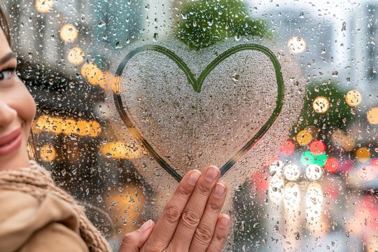 Woman drawing heart on rainy window glass with bokeh city lights mood
