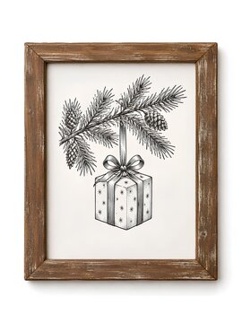 An elegant black and white ink sketch of a Christmas gift box hanging from a pine branch with pinecones, beautifully presented in a rustic weathered wooden frame against a clean white backdrop.
