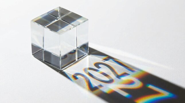 New Year 2021 celebration with transparent cube casting colorful year