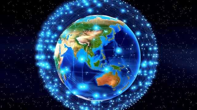 Digital Earth globe with glowing network connections rotating in dark space with subtle light flares