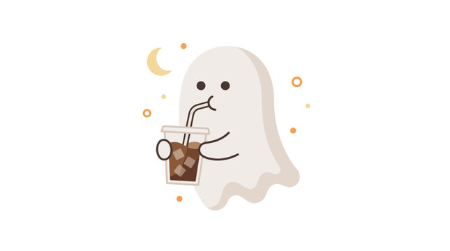 Spooky ghost drinking iced coffee under a crescent moon with glowing stars in a cute cartoon style illustration.