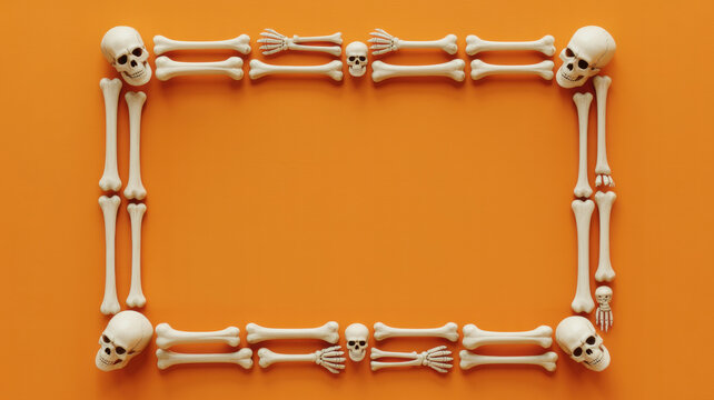 Halloween frame made of human skulls and bones on orange background with copy space for text
