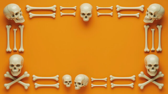 Halloween skull and bone frame border on orange background, 3D render with copy space for text