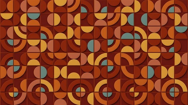 Geometric abstract pattern with orange and red circles and semi circles on a brown background