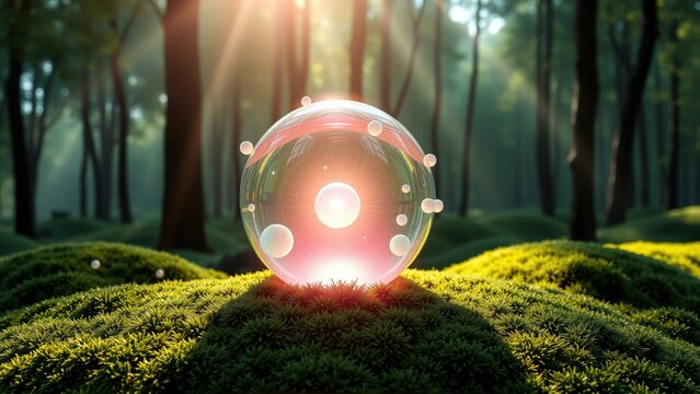 Glowing sphere rests upon mossy ground. Forest backdrop features sunbeams filtering through tall trees. Magical, serene scene.