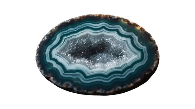 Polished teal agate slice crystal specimen, natural green geode stone cross section, mineral quartz gemstone isolated PNG with Transparent Background