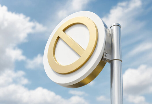 Gold and white circular prohibition sign against a blue sky