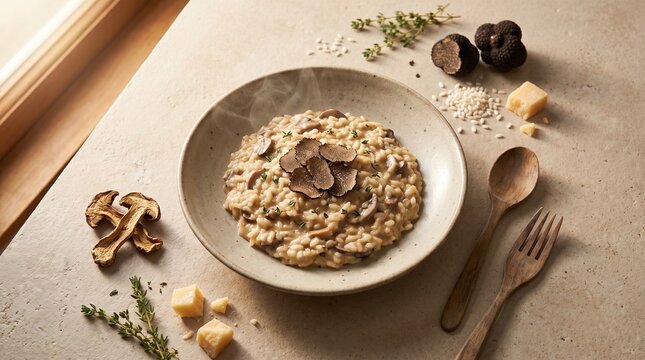 Creamy Arborio rice risotto with wild mushrooms, truffles, and thyme sprigs
