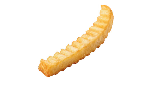 Single golden brown crispy wavy french fry potato snack isolated on transparent background