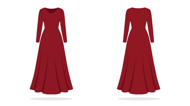 Elegant Burgundy Red Long Sleeve Maxi Dress For Women Front and Back View Formal Gown Fashion Mockup Design