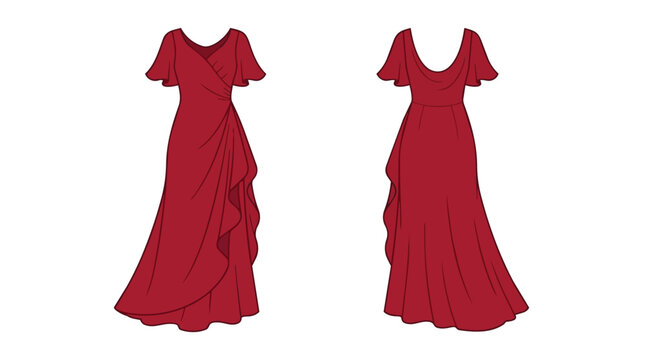 Elegant Red Wrap Maxi Dress Illustration with Flutter Sleeves and Side Ruffles Front and Back Views Sketch