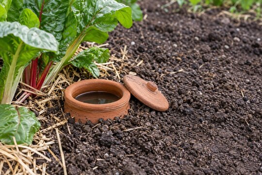 Terracotta olla irrigation pot beside chard in a vegetable garden