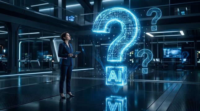 Professional woman presenting holographic ai question interface in futuristic office