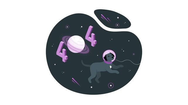 Cute dog astronaut floating in outer space surrounded by planets and number 404. Cosmic animal illustration for education, science projects, and creative design